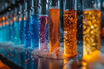 Poster - In a laboratory environment, multiple test tubes filled with colorful liquids shine against a bokeh light background