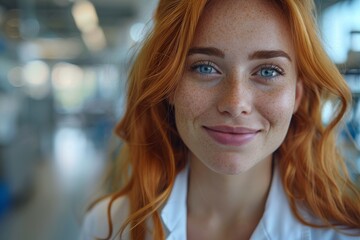 Wall Mural - Close-up of a smiling red-haired woman with freckles, exuding warmth and friendliness in an indoor setting