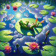 A vivid green frog is sprawled on a lily pad, soaking in the sun's rays amidst a tranquil pond dotted with pink blooming lotus flowers