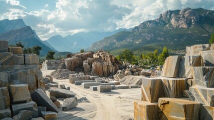 Wall Mural - A mountain range with a large pile of rocks in the foreground. The rocks are of various sizes and are scattered throughout the area. The scene has a rugged and wild feel to it