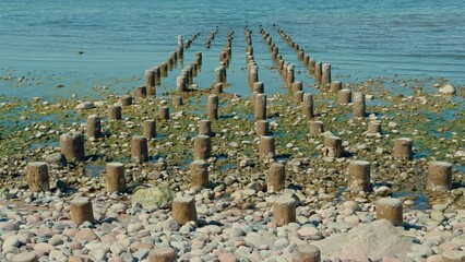 Wall Mural - A row of wooden posts are in the water. The water is blue and the rocks are scattered around