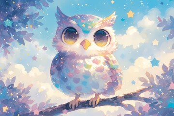 Wall Mural - watercolor rainbow owl sitting on a branch in the clouds, stars background