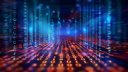 Digital binary code data cybernetic network technology background, orange blue