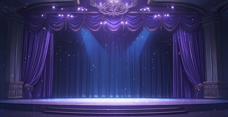 Poster - The stage is empty, illuminated by purple spotlights, with curtains on the sides. 