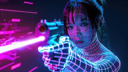 Wall Mural - Neon glow cyborg woman prepares to shoot with a gun Background wallpaper AI generated image