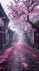 Wall Mural - A street in an old town of China, with cherry blossom trees on both sides and pink petals scattered all over the ground. The picture is a real photo taken by Sony cameras. In spring, it was foggy and 