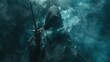 © anis rohayati - Mysterious black hooded assassin woman cuts through the smoke carrying a dagger wallpaper AI generated image