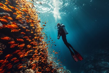 Wall Mural - A diver floats weightlessly in the deep blue sea, amidst the vivid marine life and coral reefs, highlighting a connection with the underwater world