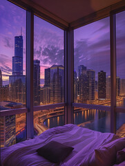 Wall Mural - bedroom with floor-to-ceiling windows, large bed and view of river in Chicago at dusk, tall buildings lit up outside the window, romantic lighting, soft purple sky. The scene depicts a bedroom with a