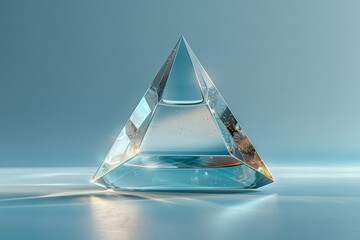 Poster - This image features a clear glass pyramid with intricate reflections and light on a smooth blue gradient background