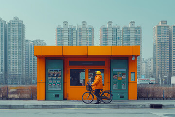 Wall Mural - A sleek design of a bike-sharing station against a minimalist cityscape, promoting alternative transportation methods. Generative Ai.