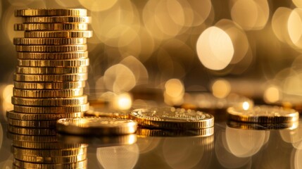 Poster - A stack of gold coins on a reflective surface, illustrating prosperity and fortune.