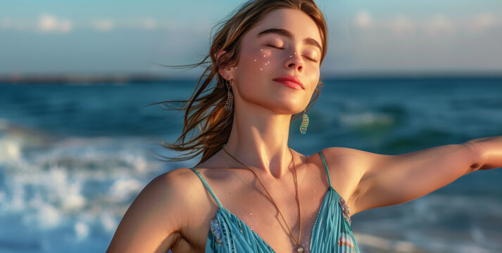 Portrait of a beautiful young woman with closed eyes enjoying the sun on the beach in a summer dress, wearing earrings and necklace, with her arms outstretched to the side and a relaxed expression. Hi