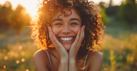 A beautiful young woman laughing with her hands on her face, golden hour light, outdoors in nature with a blurred background, shot from a low angle, portrait photography capturing a happy mood with so