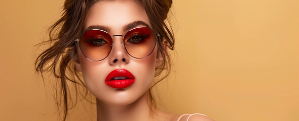 Wall Mural - Beautiful woman in sunglasses with red lips on beige background, close up portrait. Beauty fashion concept of young girl posing and showing stylish shades glasses over body isolated on pastel grey co