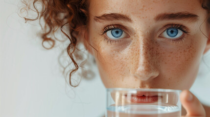 Wall Mural - Portrait of a beautiful woman with blue eyes and curly hair drinking water from a glass, isolated on a white background. A concept about beauty and skin care. A close-up portrait of a young girl drin