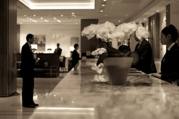Poster - a reception desk bustling with activity, where guests check in and out under the attentive gaze of h