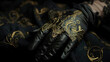 sophisticated victorian hand wearing a black glove with golden floral patterns and pearl accents