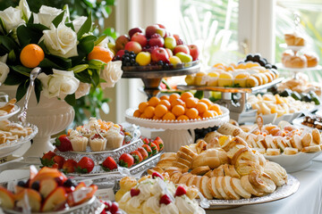 Canvas Print - A gourmet breakfast buffet served in an elegant dining room, featuring a spread of fresh pastries, fruits, and made-to-order omelets.  Generative Ai.