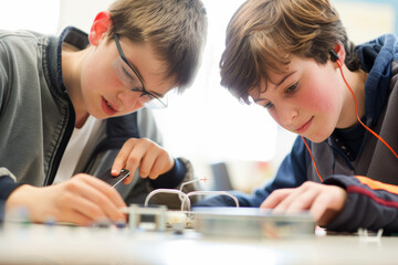 Poster - Motivated students investigating the properties of magnets and magnetic fields through experiments with compasses and iron filings. Concept of magnetism and magnetic phenomena. Generative Ai.