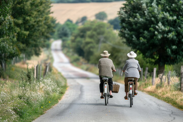 Canvas Print - Two recipromantic partners enjoying a leisurely bike ride through the countryside, relishing the freedom of the open road and the closeness of their bond.  Generative Ai.