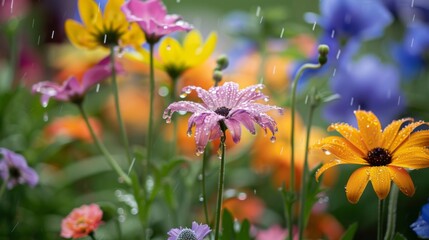 Poster - A tranquil garden scene with raindrops adorning colorful flowers, illustrating the harmony and balance of nature's elements.