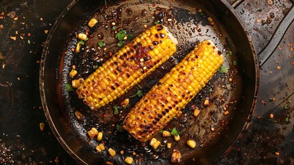 Wall Mural - Grilled corn with a hot sauce seen from above in a frying pan