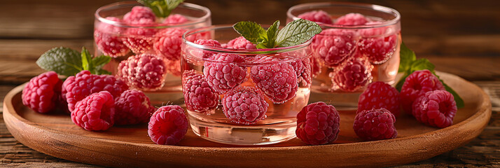 Wall Mural - A tray of raspberries and mint is on a wooden table