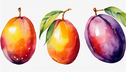 Wall Mural - set vector watercolor illustration of ripe mango or plum isolated on white background