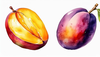 Wall Mural - set vector watercolor illustration of ripe mango or plum isolated on white background