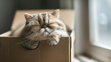 Poster - An overweight Exotic Shorthair cat nestled snugly in a small box, its squishy face and round form creating an irresistibly cute sight.