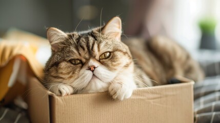 Poster - An overweight Exotic Shorthair cat nestled snugly in a small box, its squishy face and round form creating an irresistibly cute sight.