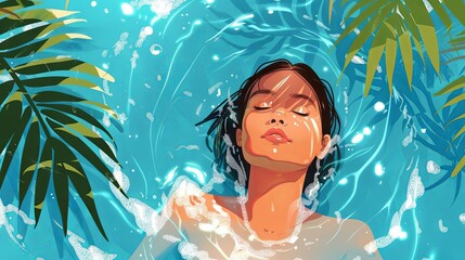 Woman swimming in thermal water on summer resort concept drawing painting art wallpaper background