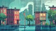 Rainy city town street scene cartoon concept drawing painting art wallpaper background