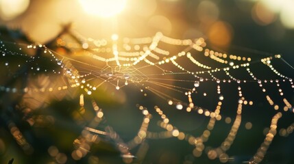 Poster - Dewdrops clinging to the edges of a spider's web in the soft light of dawn, showcasing the delicate intricacies of nature's craftsmanship.