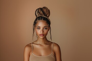 Canvas Print - Young woman with high braided bun hairstyle on beige background. Front view studio portrait. Modern hairstyle and elegance concept. Design for poster, banner.