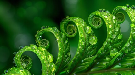 Aufkleber - Water droplets caught in the delicate curls of a fern frond, highlighting the intricate patterns and textures of nature.