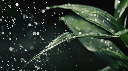 Poster - Water droplets caught mid-flight as they fall from the tip of a leaf, illustrating the graceful movement and fluidity of nature.