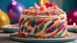 A vibrant and colorful birthday cake with layers of fluffy frosting and sprinkles, surrounded by a group of smiling friends and family.