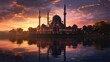 A painting of a mosque with a crescent moon, water reflection