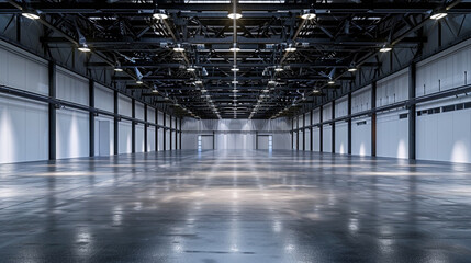 Spacious empty exhibition shed with high ceilings and spotlights, prepared for an event that never took place.