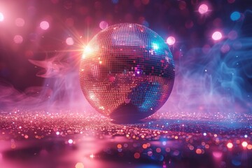 Poster - A vivid disco ball against a background of pink and blue lights creates a dynamic and festive party scene