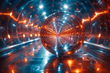 Poster - A reflective sphere sits at the center of a metallic tunnel with red and orange lights giving an illusion of depth