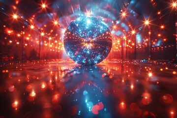 Poster - Captivating image of a sparkling disco ball with cosmic patterns inside a vibrant club scene