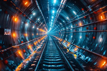 Poster - The cool blue and orange LED lights guiding the way through a sleek, modern tunnel with an illusion of never-ending depth