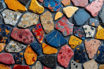 Poster - High-resolution image showing diverse and colorful terrazzo stone pieces forming an intricate pattern