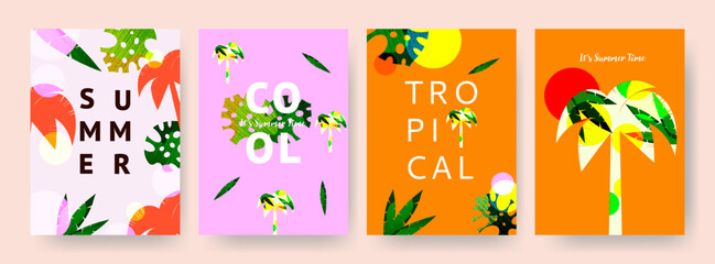 Wall Mural - Summer Set of backgrounds, posters, holiday covers. Summer cards with abstract tropical leaves and typography. Modern art design templates for label, ads, sale, social media, print. Minimalist style.