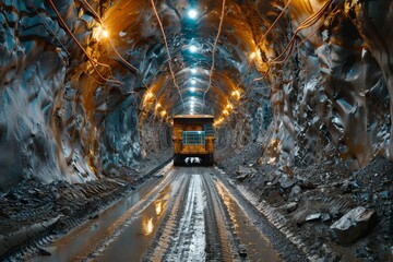 Poster - A mining train stands at rest within a luminous underground tunnel, highlighting industrial operations