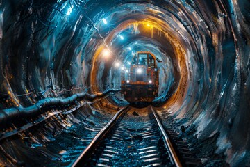 Poster - An industrial train advances along tracks within a brilliantly illuminated and textured tunnel space