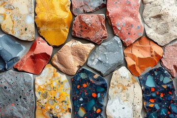 Poster - A diverse terrazzo pattern with colorful shapes and stones, capturing the essence of eclectic design